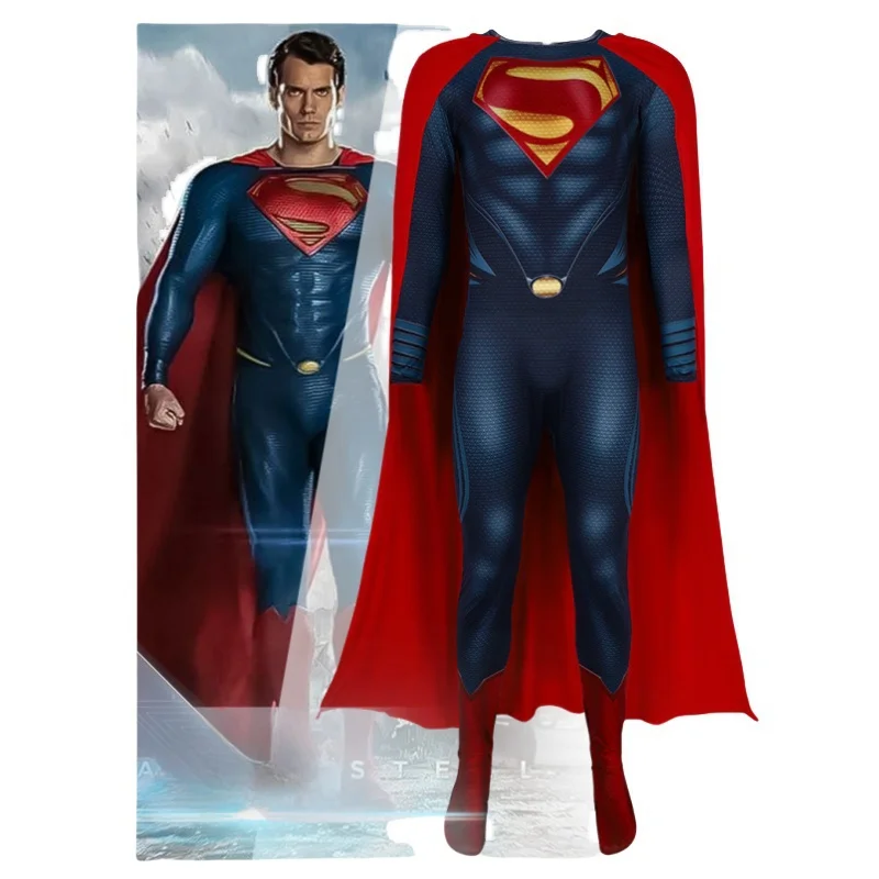 زي Disfraz Superman التأثيري للرجال البالغين، بدلة قطعة واحدة للبطل الخارق، ملابس حفلات الهالوين