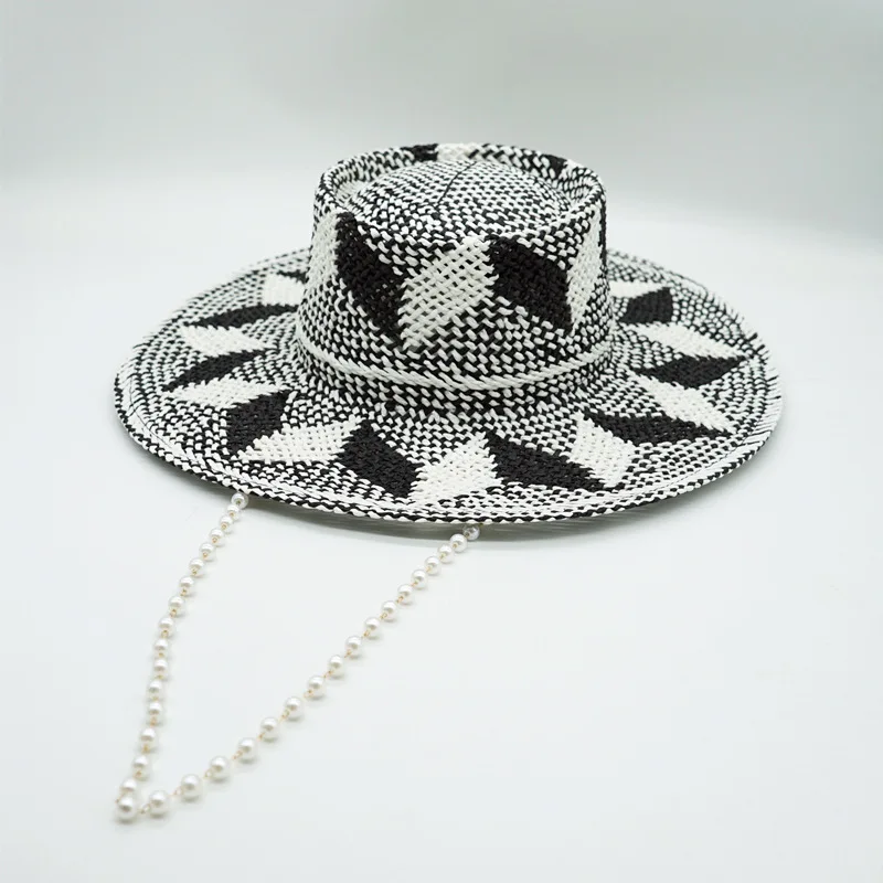 Black White Pattern Toquilla Straw Hats Summer Panama Hats Pearls Chain Sun Hats for Women Men Handmade Fedora Beach Travel Hat