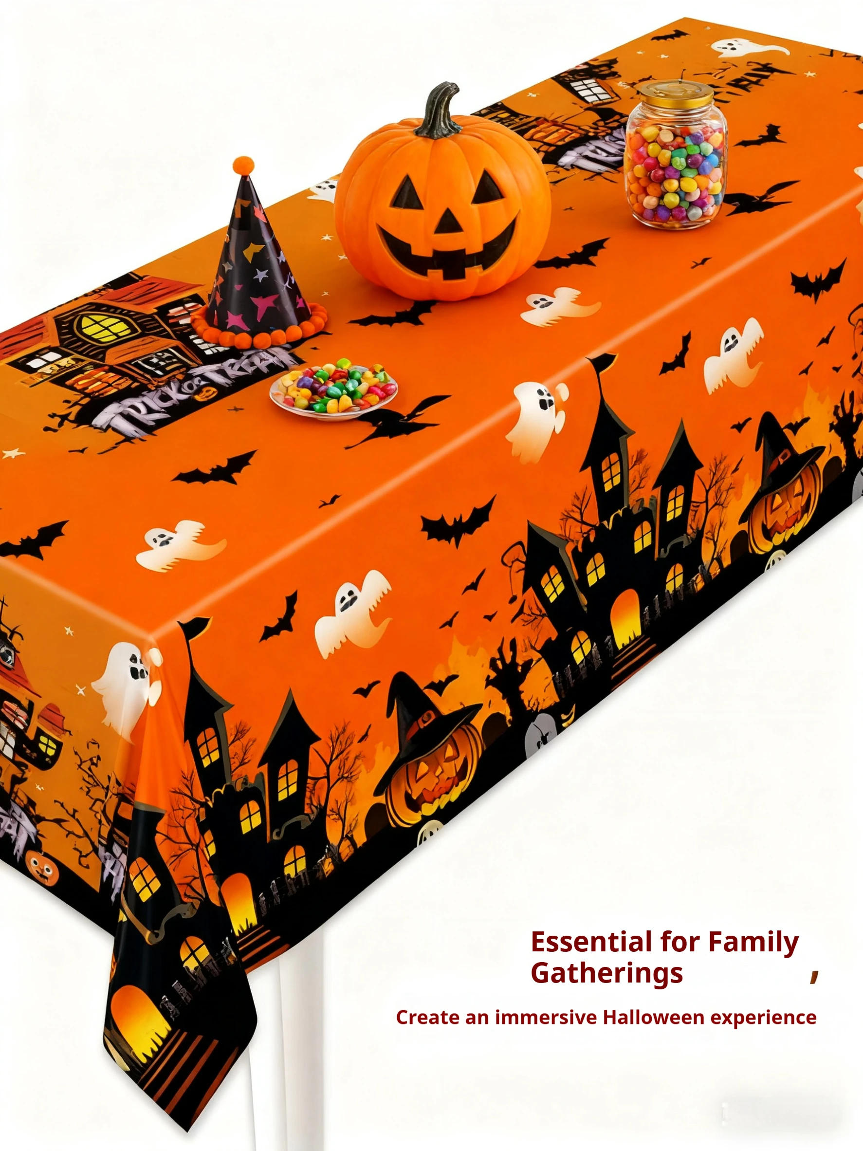 1 Halloween Themed Tablecloth Made of Disposable Plastic Consisting of Pumpkins, Castles, Ghosts, and Bats, Suitable for Hallowe