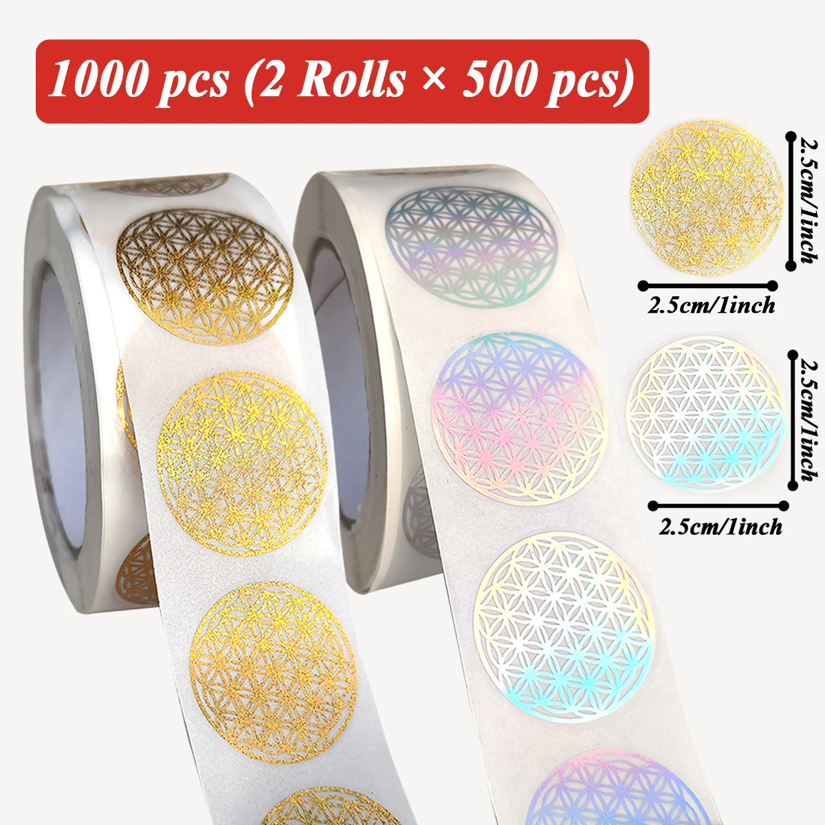 1000 Pcs Flower of Life Stickers 2 Rolls, Holographic Round Sealing Labels for Packaging, Scrapbooking, Journals & DIY Crafts,