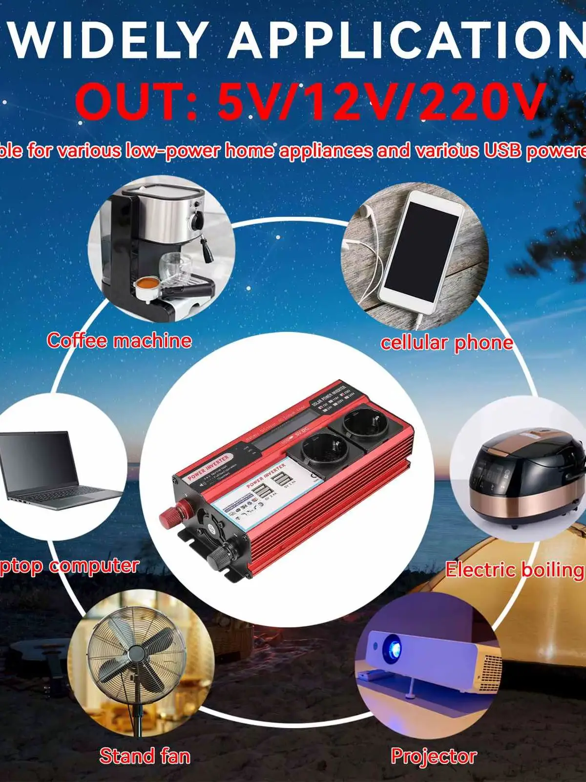 Convertisseur de courant avec écran LED, transformateur DC 12V vers AC 220V 230V, avec 4 prises USB EU pour la charge et affichage LED