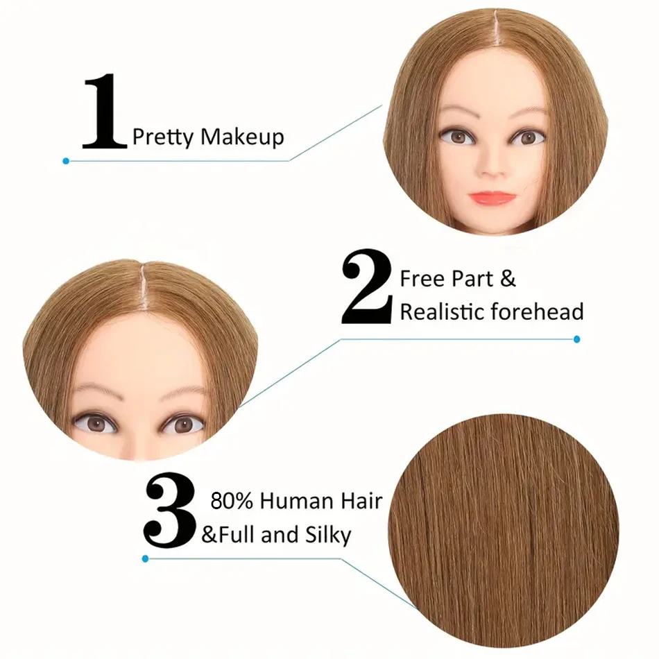 Cabeça de manequim 80% real com cabelo humano, para cabeleireiro, ondulação, alisamento, tingimento, trança, cabeleireiro, cabeças de boneca