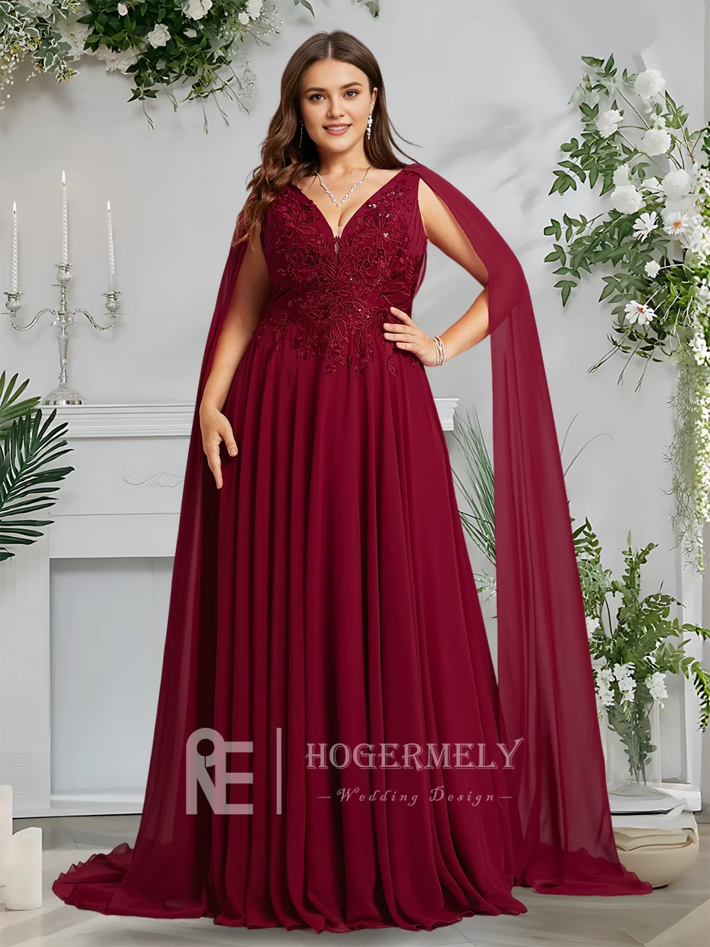 イブニングドレス バーガンディ A ライン V ネック レース シフォン プロムドレス スパンコール付き エレガントな女性のフォーマル ウェディング パーティー ドレス 2025 夏