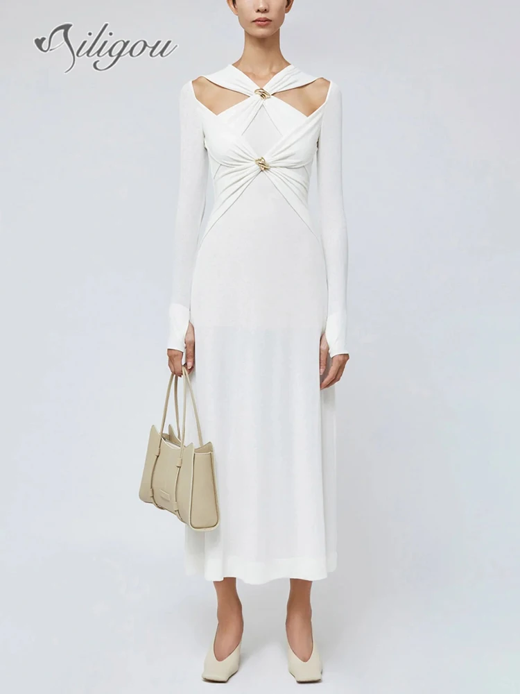 

Ailigou 2023 New Summer Women's White Long Sleeve Bodycon Maxi Long Sexy Hollow Out Dress Elegant Celebrity Party Dress Vestidos