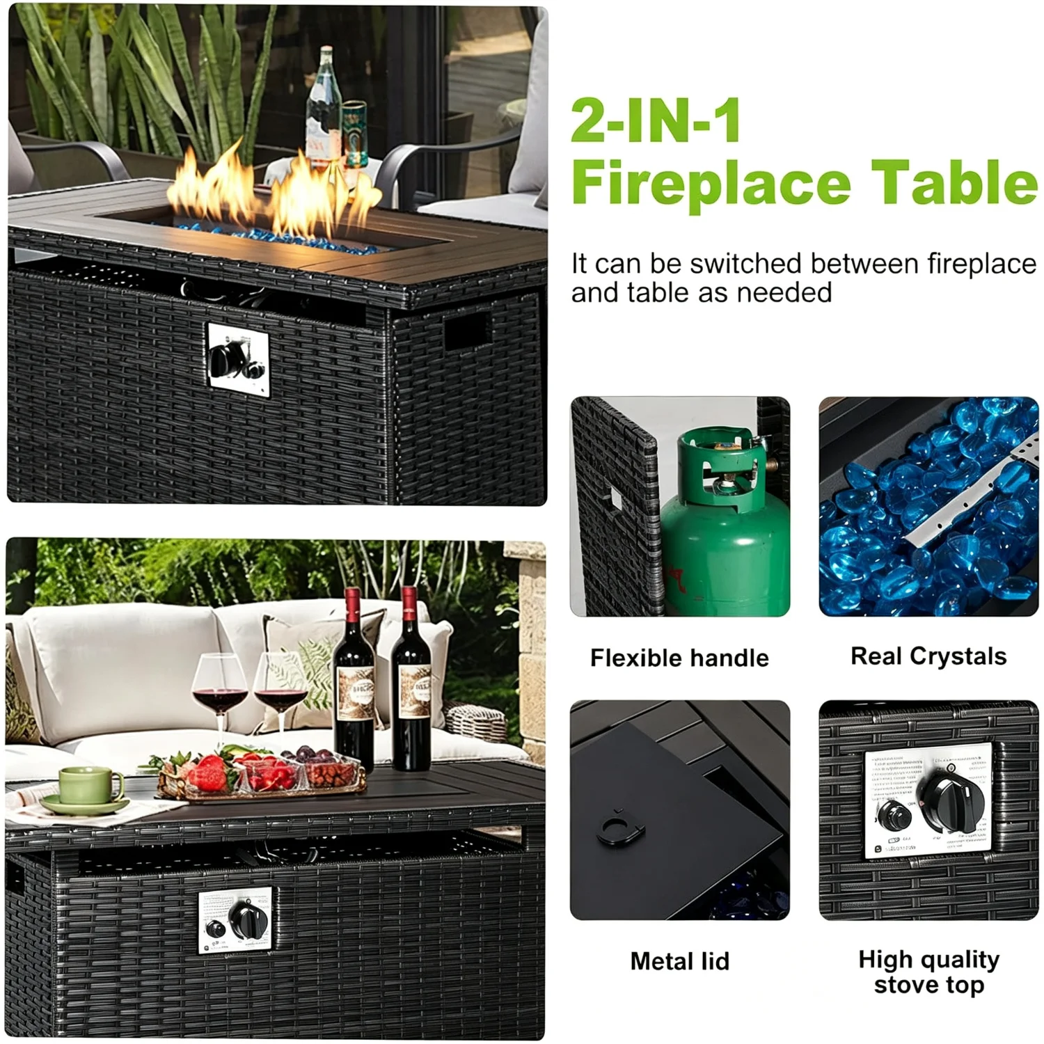44 Inch Propane Fire Pit 50000 BTU Outdoor Wicker Fire Table With Wood Grain Tabletop Rectangular 2 In 1 Gas Fire Pit With Lid And Waterproof Cover