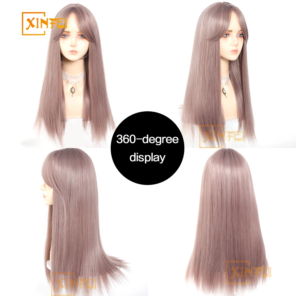 Wig sintetis panjang bergelombang abu-abu ungu Wig dengan poni Wig wanita pesta harian Cosplay Wig Natal untuk wanita Wig abu-abu ungu