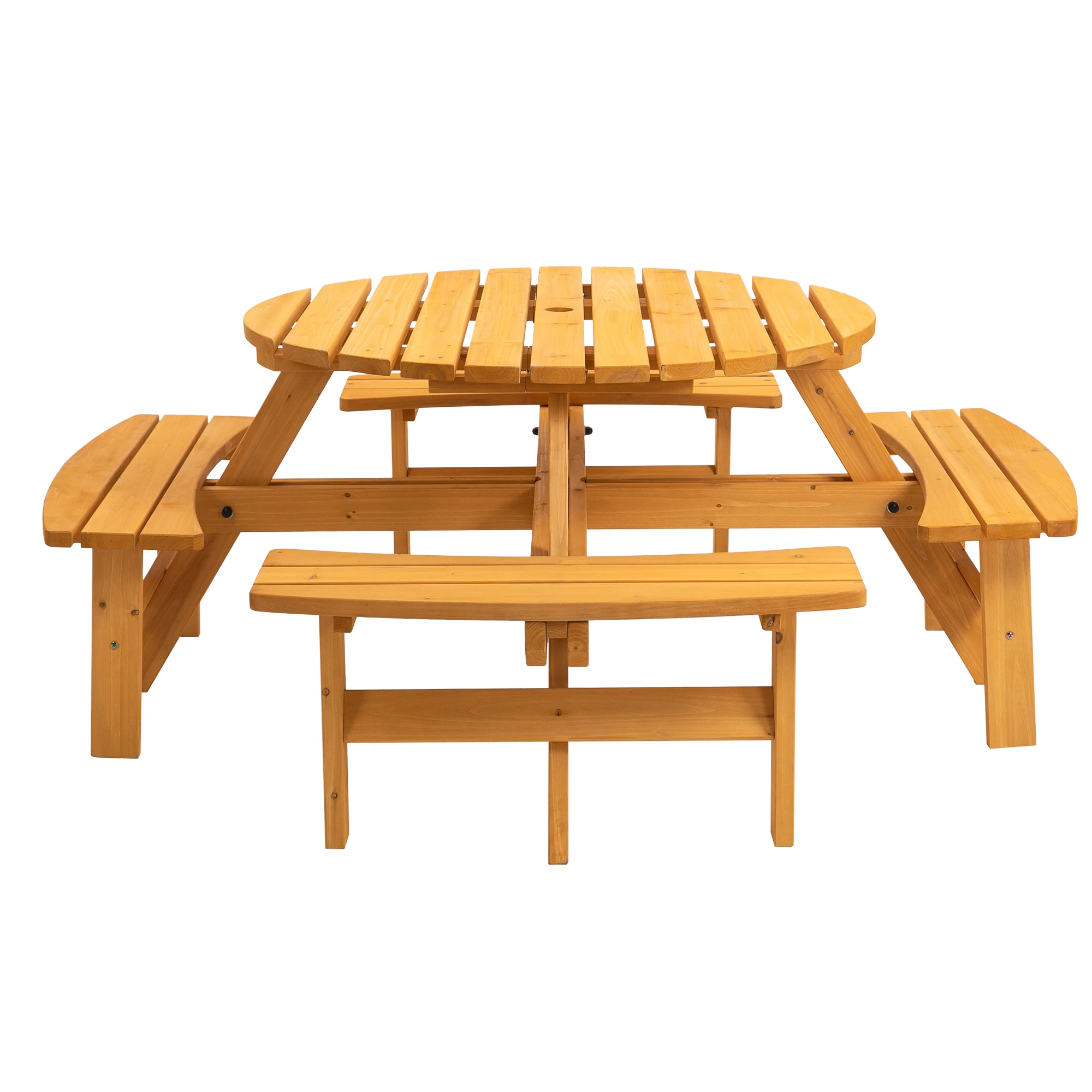 

8 Person Wooden Picnic Table, Outdoor Camping Dining Table with 4 Built-in Benches, Natural Solid Wood
