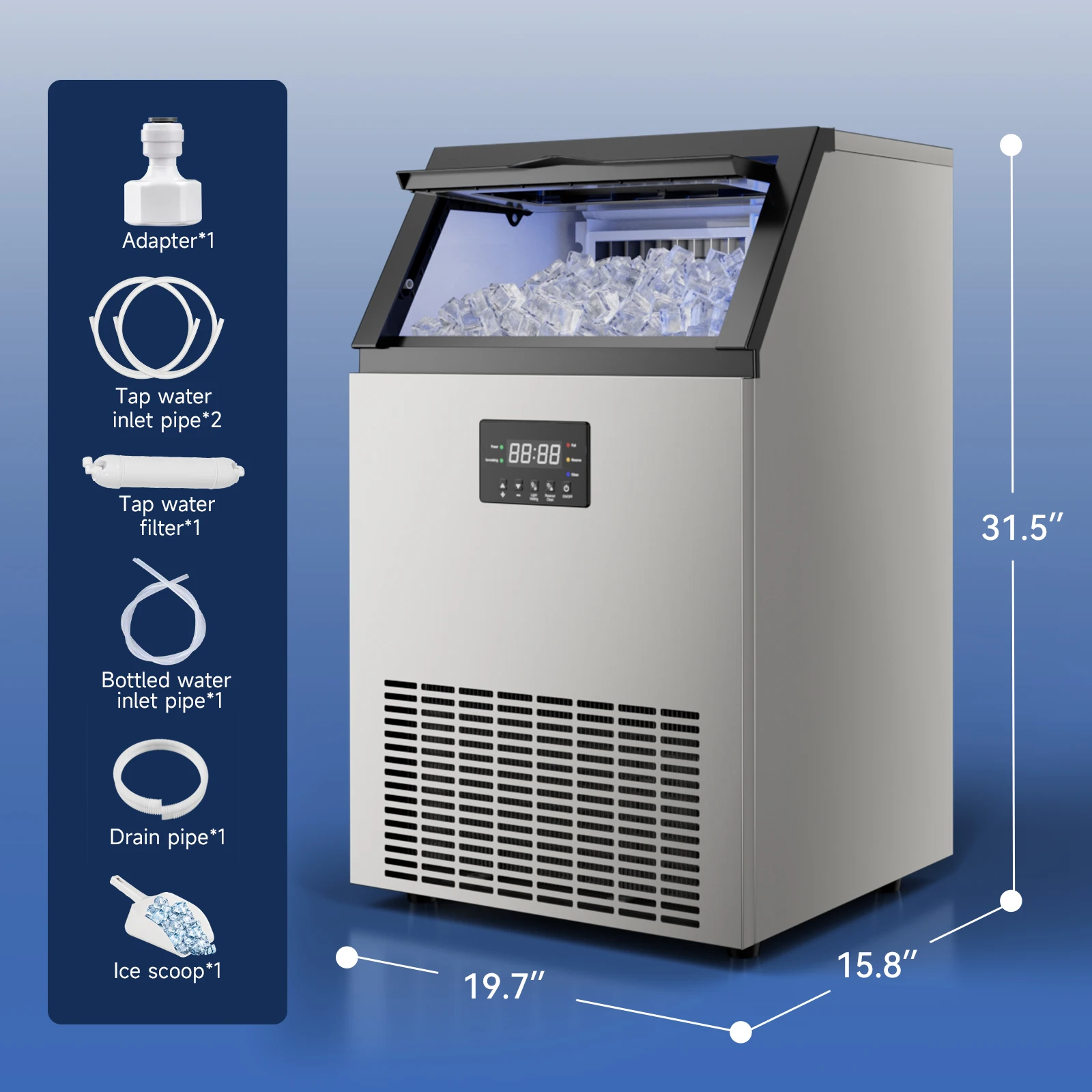 Commercial Ice Maker Machine Stainless Steel Under Counter Ice Maker with 34LBS Ice Bin Freestanding Ice Machine for Home Cafe