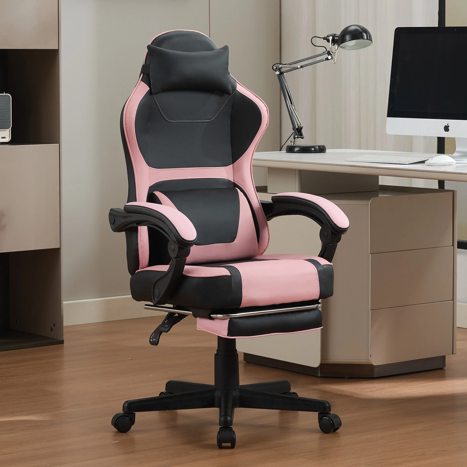 Chaise de jeu ergonomique au style Kawaii (rose et noir) avec appui-tête extensible et double coussin lombaire – Polyvalente pour le télétravail et les pauses détente.
