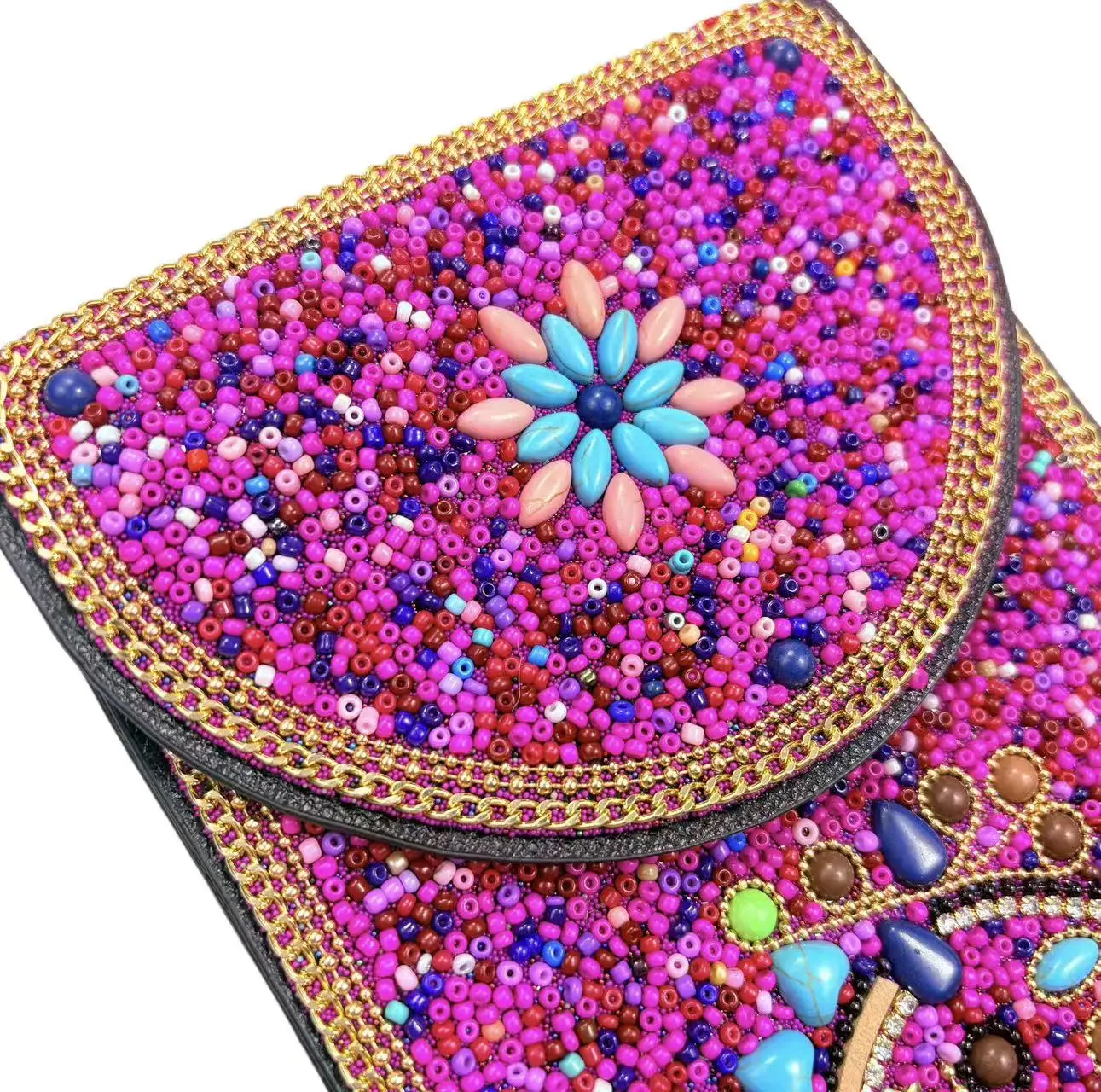 Handcrafted Luxury Seed Bead Evening Bag Romantic Rose Red Unicorn Motif Clutch Elegant Party & Wedding Crossbody Purse