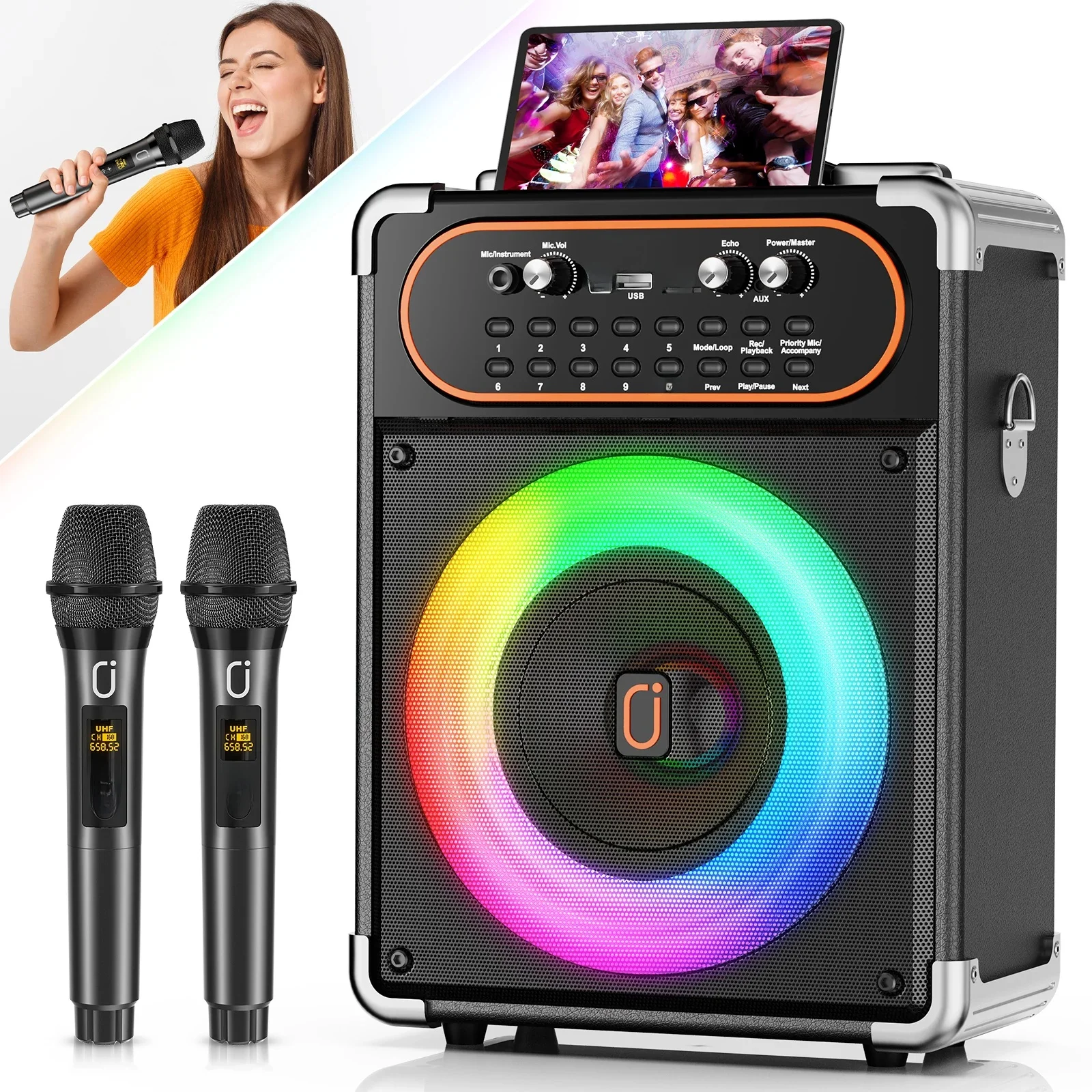 FanFun S68 Portable Bluetooth 5.3 Karaoke Speaker with 2 Microphones 3