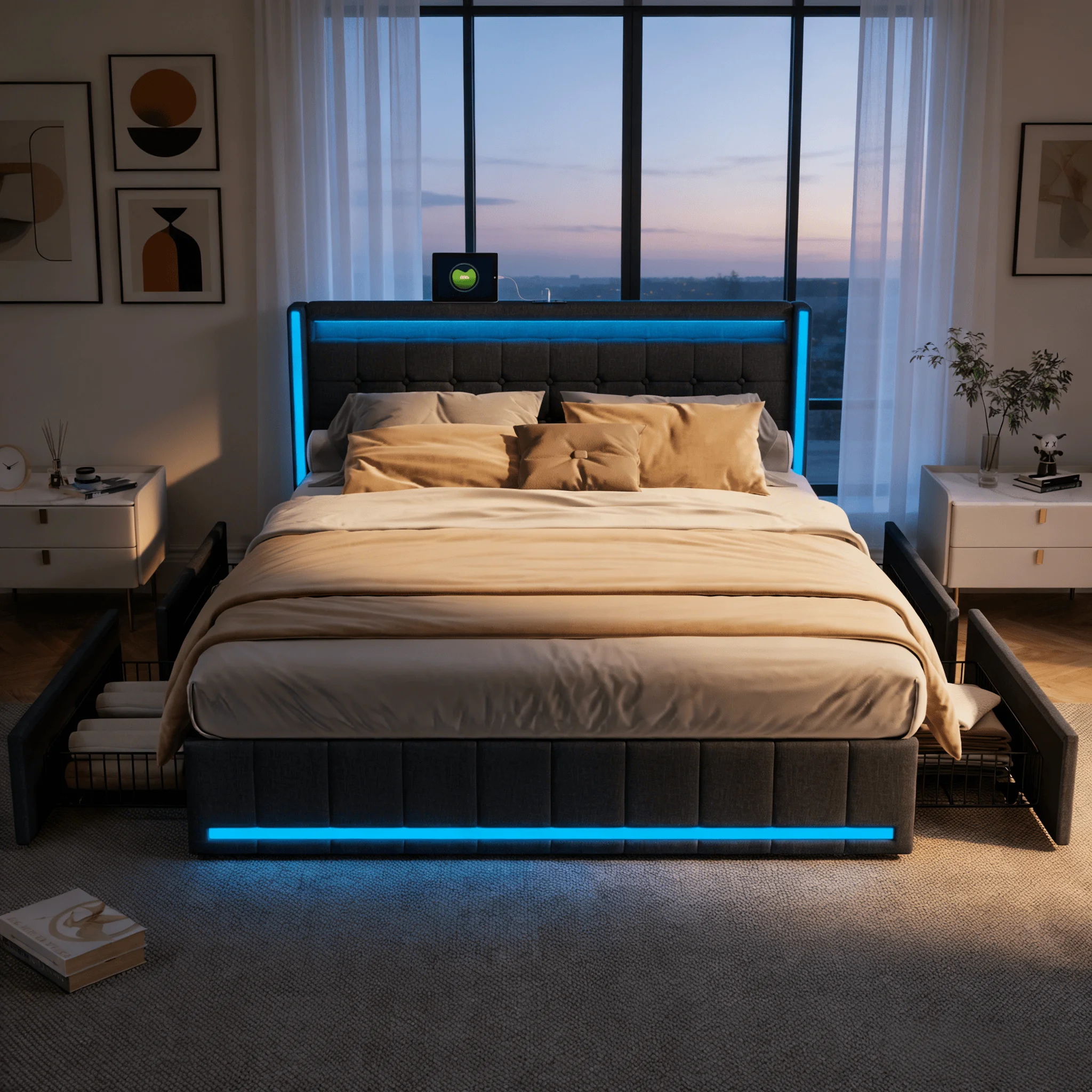 180 x 200 cm Doppelbett mit LED-Beleuchtung, 4 Schubladen und USB-Ladefunktion, Jugendbett mit Lattenrost und Leinenbezug