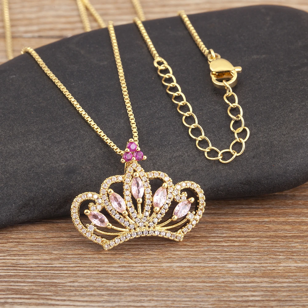 Nidin Light Luxury Trendy Crown Shape Shiny Zircon Charm Pendant Necklace 6 Styles For Women Girl Lucky Jewelry Delicate Gifts