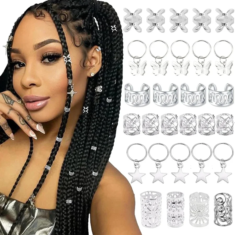 Silver Metal Hair Cuffs for Women Braids Dreadlocks Hair Beads Multi Style Hair Rings Adjustable Hair Accessories