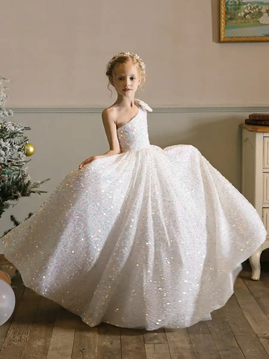 One-Shoulder Velvet Sequins Flower Girl Dresses With Bowknot Sleeveless For Wedding and Birthday Party Dresses