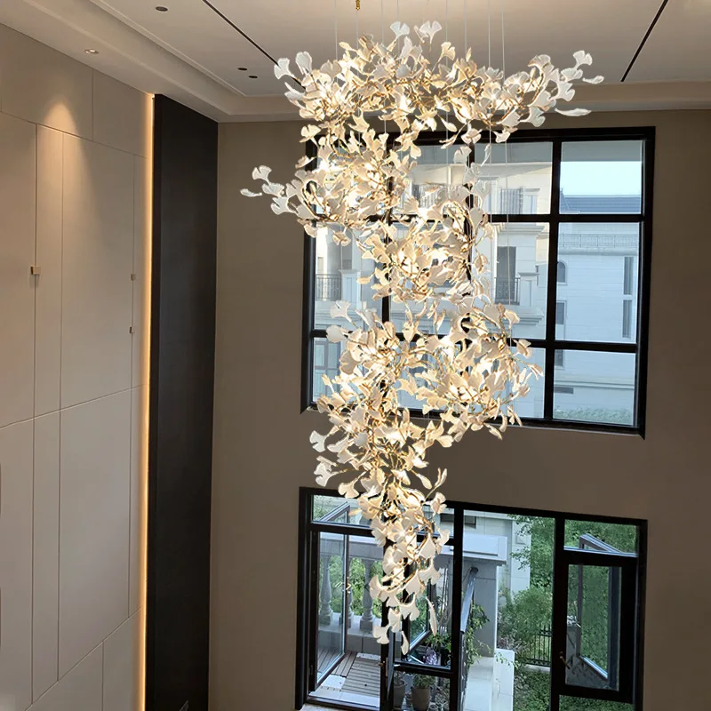 

Nordic Ginkgo Branch Leaf Chandelier Lamp for Staircase Modern White Gold Petal Pendant Light Fixture Hotel Lobby Villa Enterway