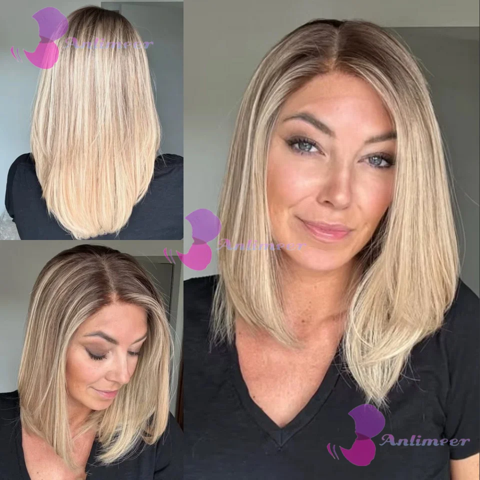 تسليط الضوء على مستقيم قصير بوب خصلات الشعر المستعار الإنسان قبل قطعها شقراء براون Balayaga 180% الكثافة 13x4 الدانتيل الجبهة الباروكات مع شعر الطفل