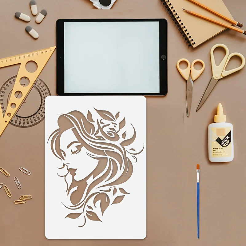 1PC A4 11.69×8.27인치 여신 얼굴 꽃 스텐실 DIY 페인팅 템플릿 벽 패브릭 나무 종이 홈 장식 공예품