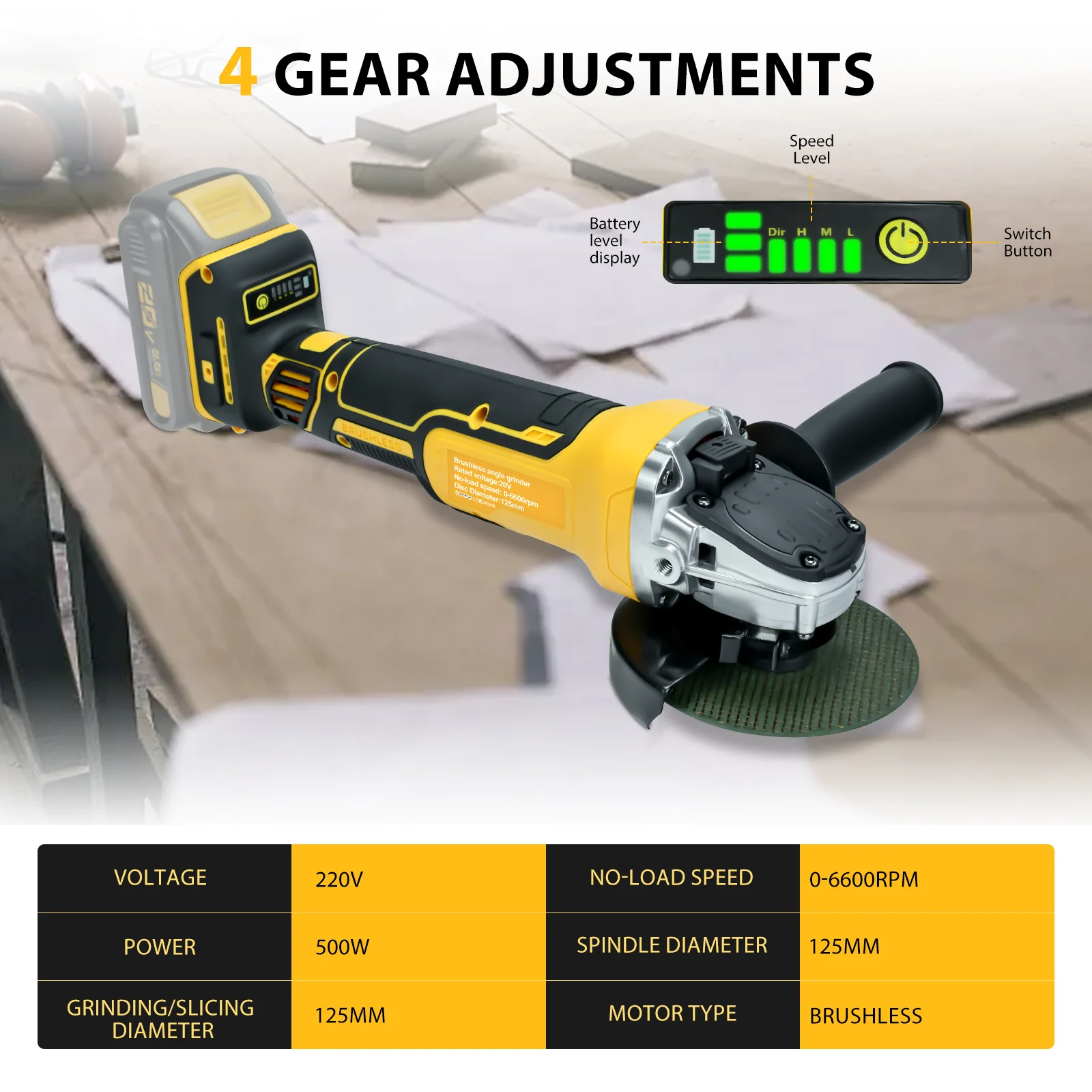 Cordless Angle Grinder for Dewalt 20V Battery 6600RPM Brushless Electric Grinder 4 Variable Speed Metal Grinder for 4.9\'\'Wheels