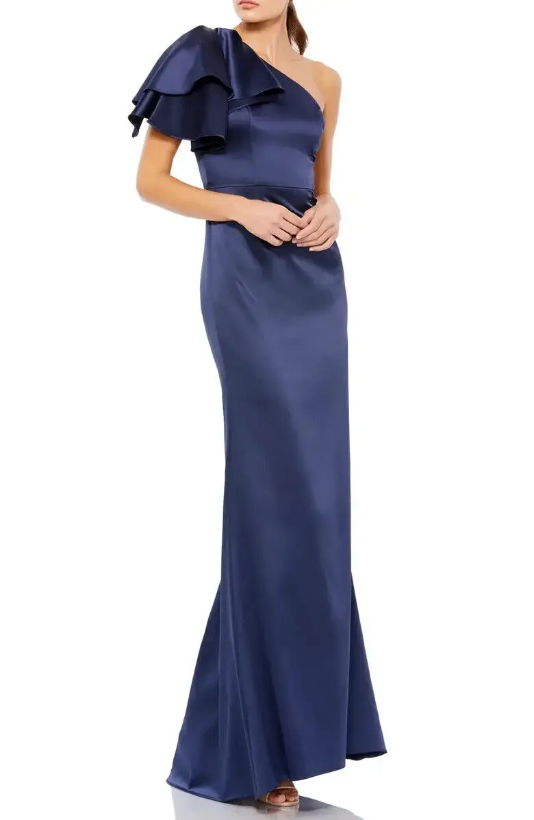 Elegante vestido de fiesta de satén con volantes para mujer, vestido de noche Formal de sirena, un hombro, azul marino