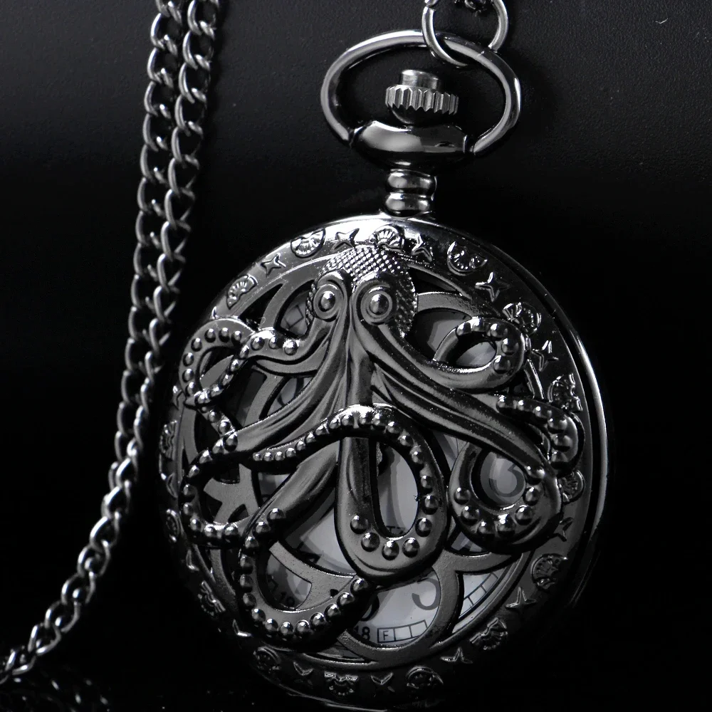Vintage Dark Monster Octopus Hollow kwarcowy zegarek kieszonkowy Steampunk czarny zegarek na łańcuszku FOB naszyjnik męski prezent dla dzieci — zdjęcie 2