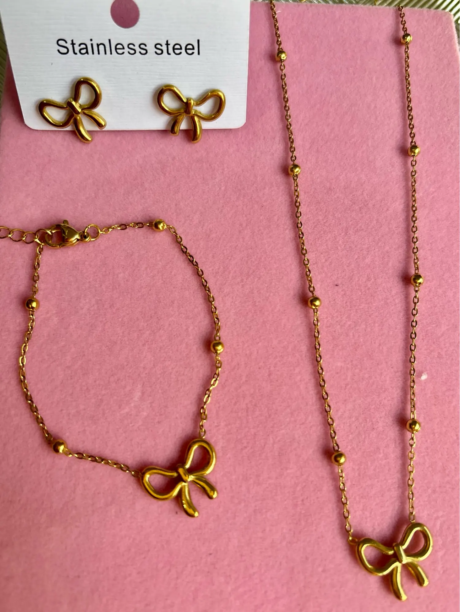 Classic Stainless Steel Bow Charm Necklace Bracelets Earrings For Women Girl New Trendy Choker Jewelry Set Party Gift photo review