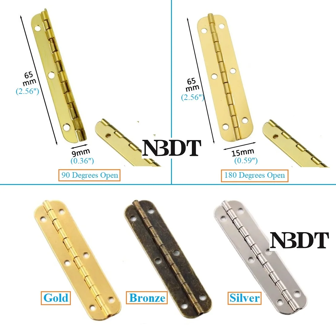 20Pcs 65mm Long Continuous Hinge 90/180 Degrees Open Hinges Piano Jewelry Gift Wine Cigar Music Box  Screws Bronze Gold