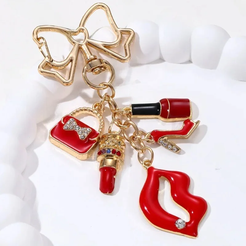 Cartoon Flamingo Lips High Heels Heart Keychain Pretty Handbag Enamel Key Ring For Friends Women Girl Festival Gifts DIY Jewelry — zdjęcie 2