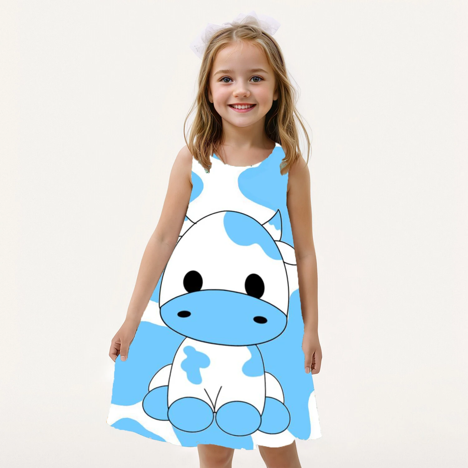 Summer Cute Girl Milk Cow Print Dress Sleeveless Round Neck Fun Princess Dress Fashionable Casual Loose Comfortable Dress