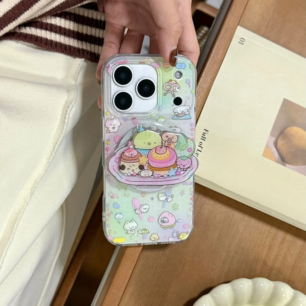 เคสโทรศัพท์มือถือลายการ์ตูนอาหารน่ารัก พร้อมที่ยึดแม่เหล็ก เหมาะสำหรับ iPhone 15 14 13 16 17 Pro Max เคสกันกระแทกสไตล์เกาหลี