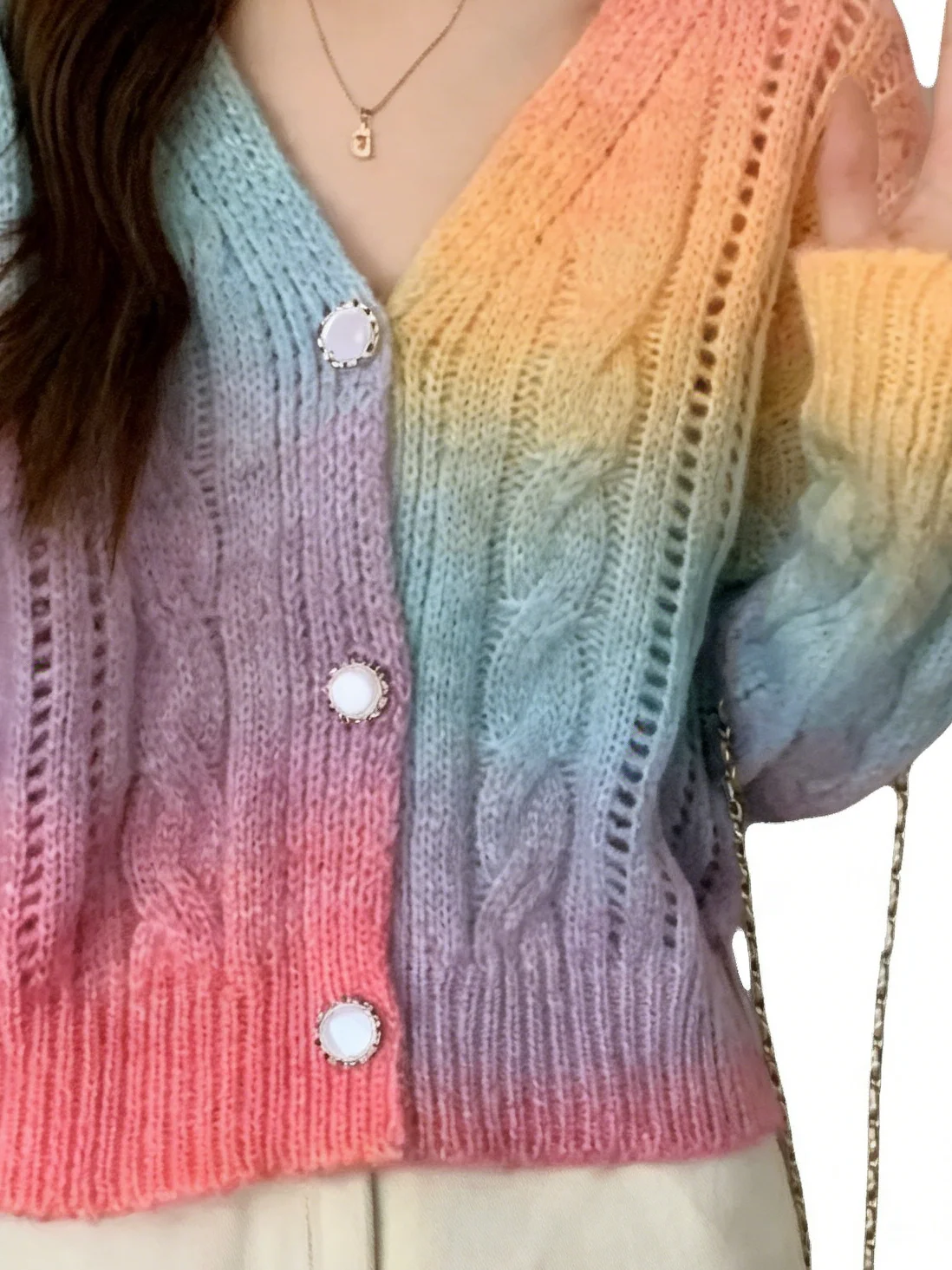 

New Autumn and Winter Lightweight Wind Jacket Office Casual Women Short Rainbow Stripe Knitted Cardigan Sweater