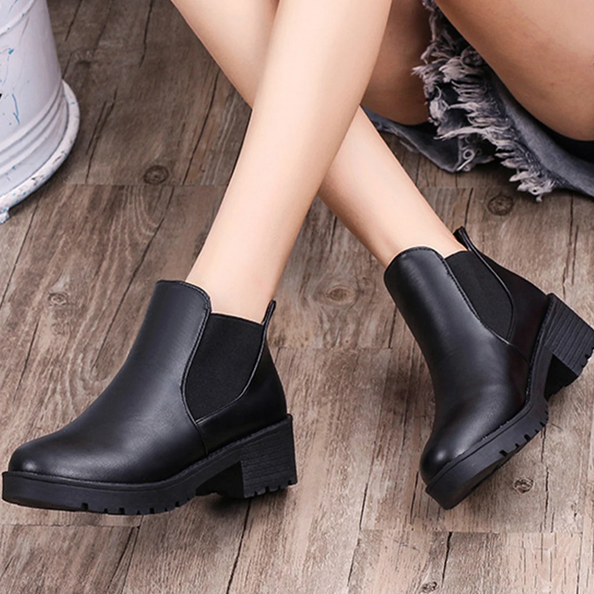 Botines clásicos con estilo con cordones, botines con cremallera lateral para mujer, botines clásicos negros elásticos perezosos