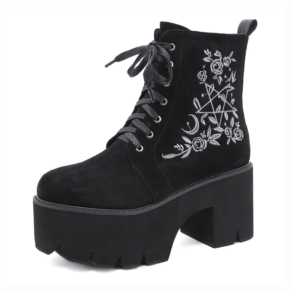 Gdgydh Women\'s Black Side Zipper Combat Boots Fashionable Lace Up Boots Platform Flower Embroidery Details Goth Shoes