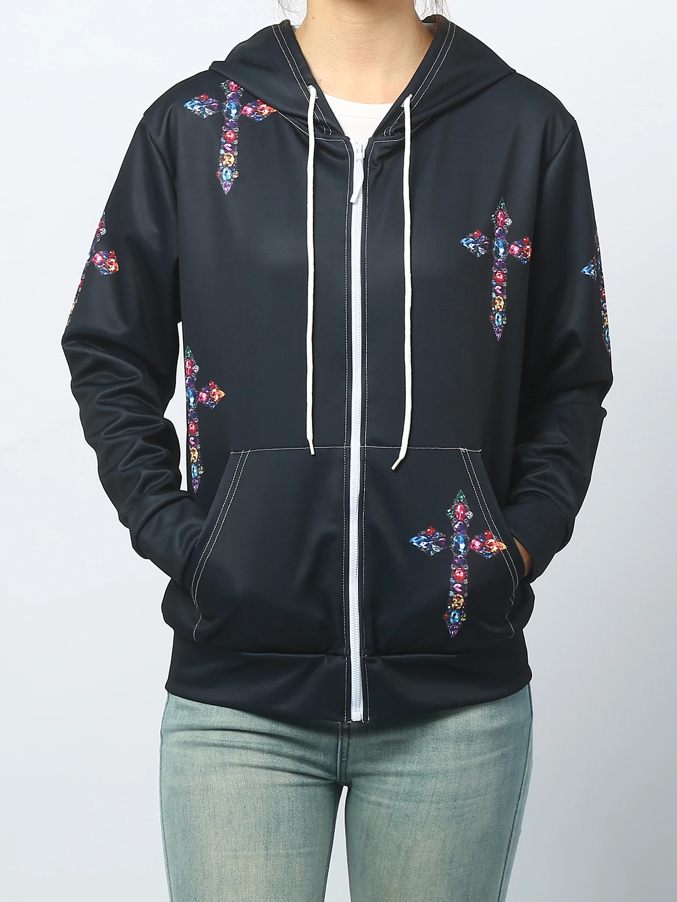 

Spring/autumn new women's personalized fashion sports hoodie long sleeve drawstring pocket zipper coat casual printed hoodie