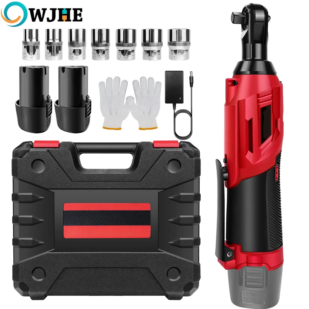 OWJHE 3/8" kabelloser elektrischer Ratschenschlüssel, 12V Power Ratschenwerkzeug 200NM mit 2X 1300mAh Batterien 90 °   Winkelschlüssel, 7 Steckdosen