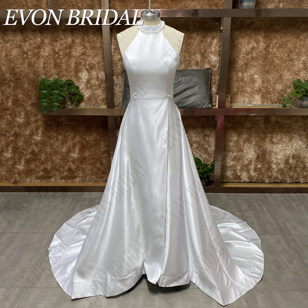 EVON BRIDAL Halter sin mangas vestidos de novia de la princesa para la mujer de alta hendidura vestido de novia arco sin espalda mancha vestidos novias boda civil Real Foto Simple Novia Partido A-Line hecho a medida