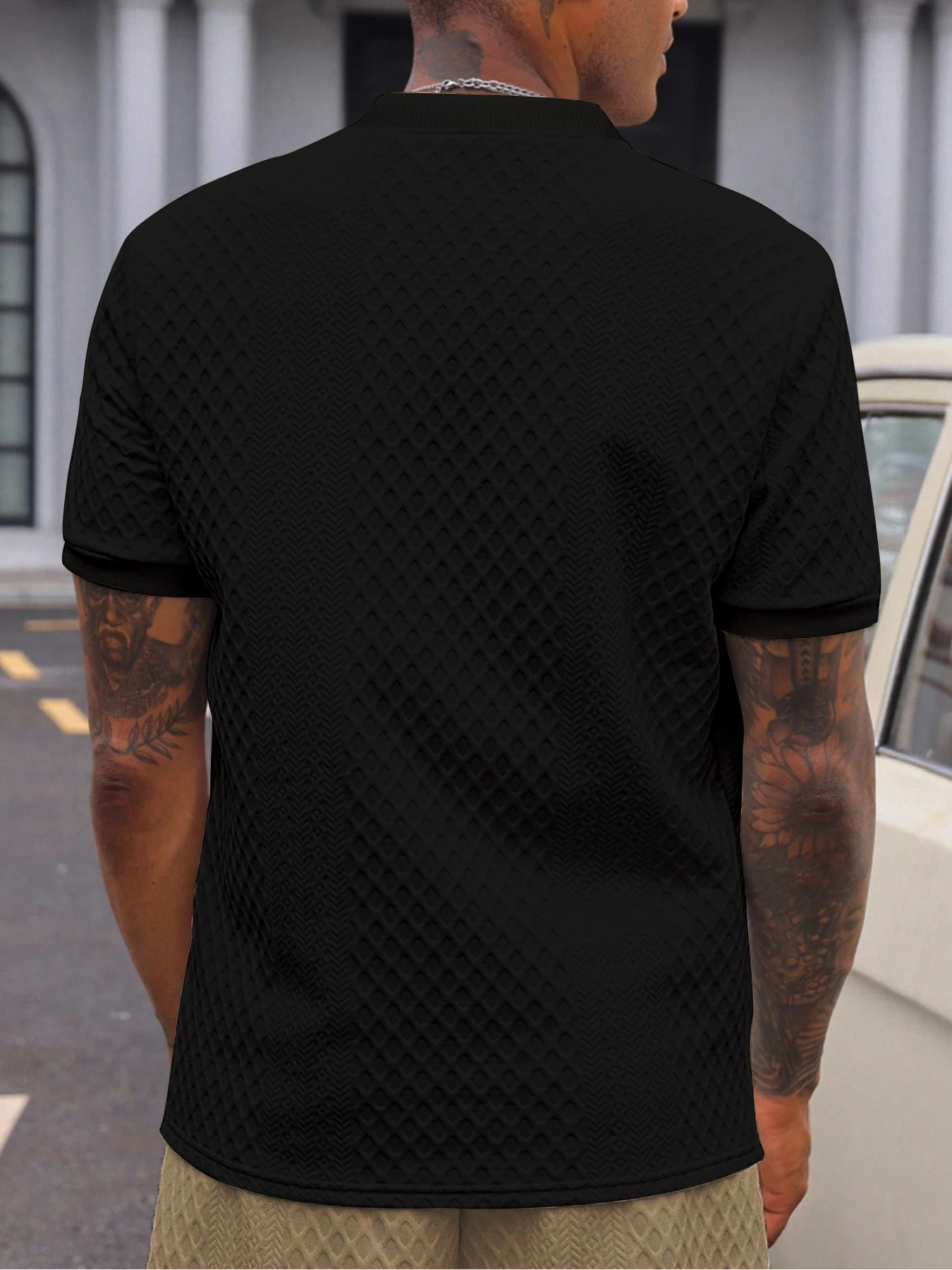 Lässiges Herren-Poloshirt, weich und bequem, einfarbig und schlichtes Design, italienischer Lochmusterdruck, geeignet für Outdoor-Sport. – Detail 12