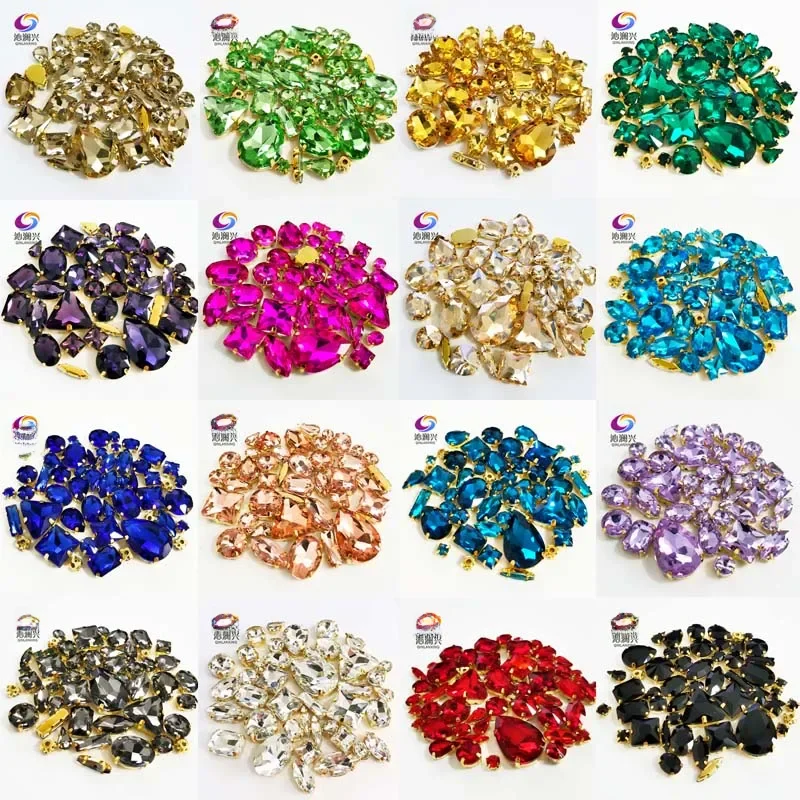 58 pièces/paquet 22 couleurs Base dorée mélange forme haut cristal verre coudre sur pierres, Super Flash griffe strass bricolage/accessoires pour vêtements