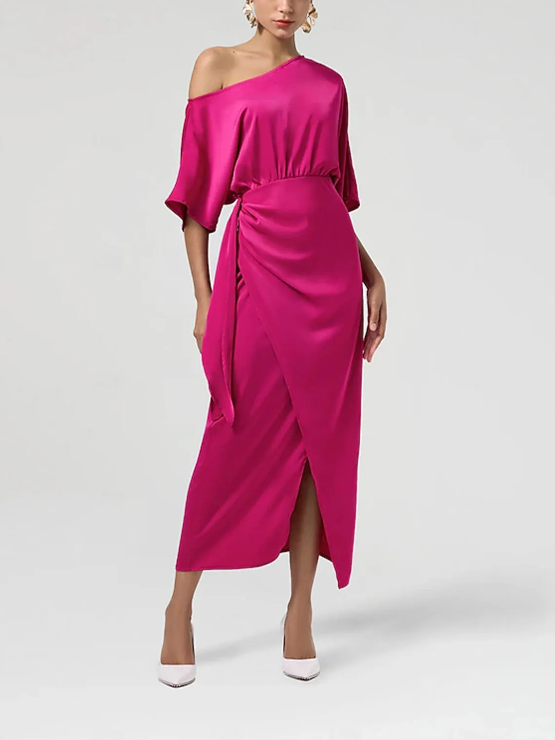 

Elegant One Shoulder Half-Sleeve Satin Length Ruched Drop Shoulder Wedding Guest Prom Party Dresses 2025 free customized