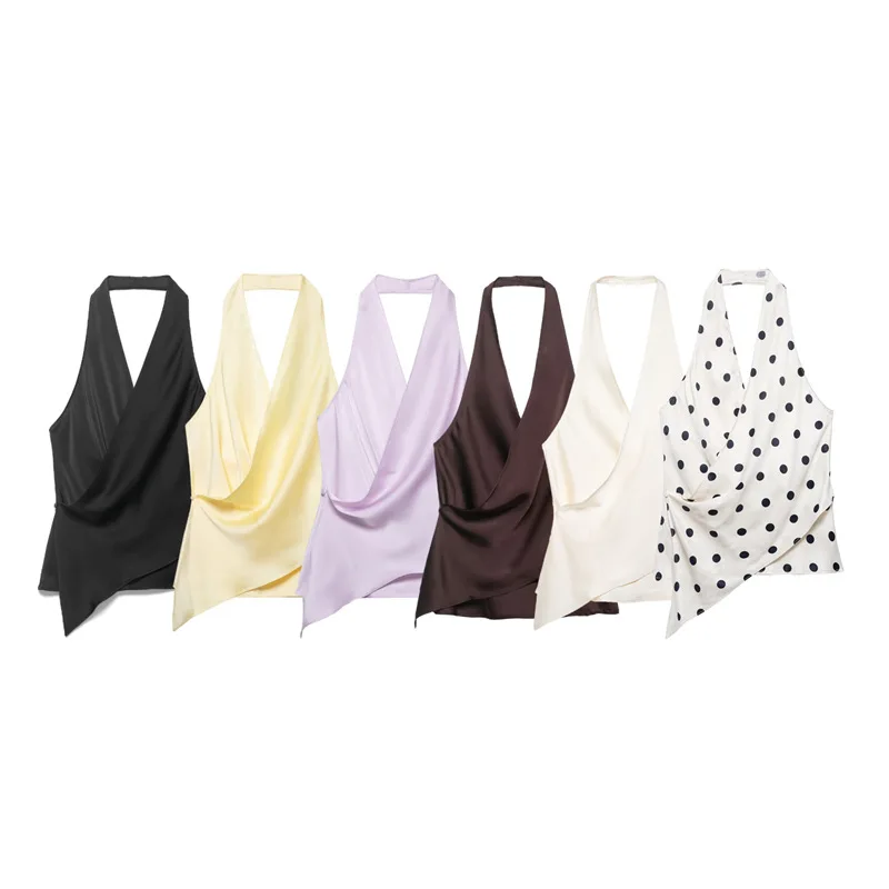 Sexy Halter Satin Tank Tops Women Deep V Neck Cross Wrap Camisoles Sleeveless Backless Draped Silk Blouse Polka Dot Party Vest
