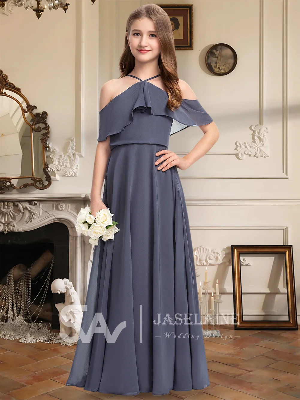 A Line Cold Shoulder Halter Junior Bridesmaid Dress Flower Girl Dress Floor Length Chiffon Cascading Ruffle Wedding Formal Dress