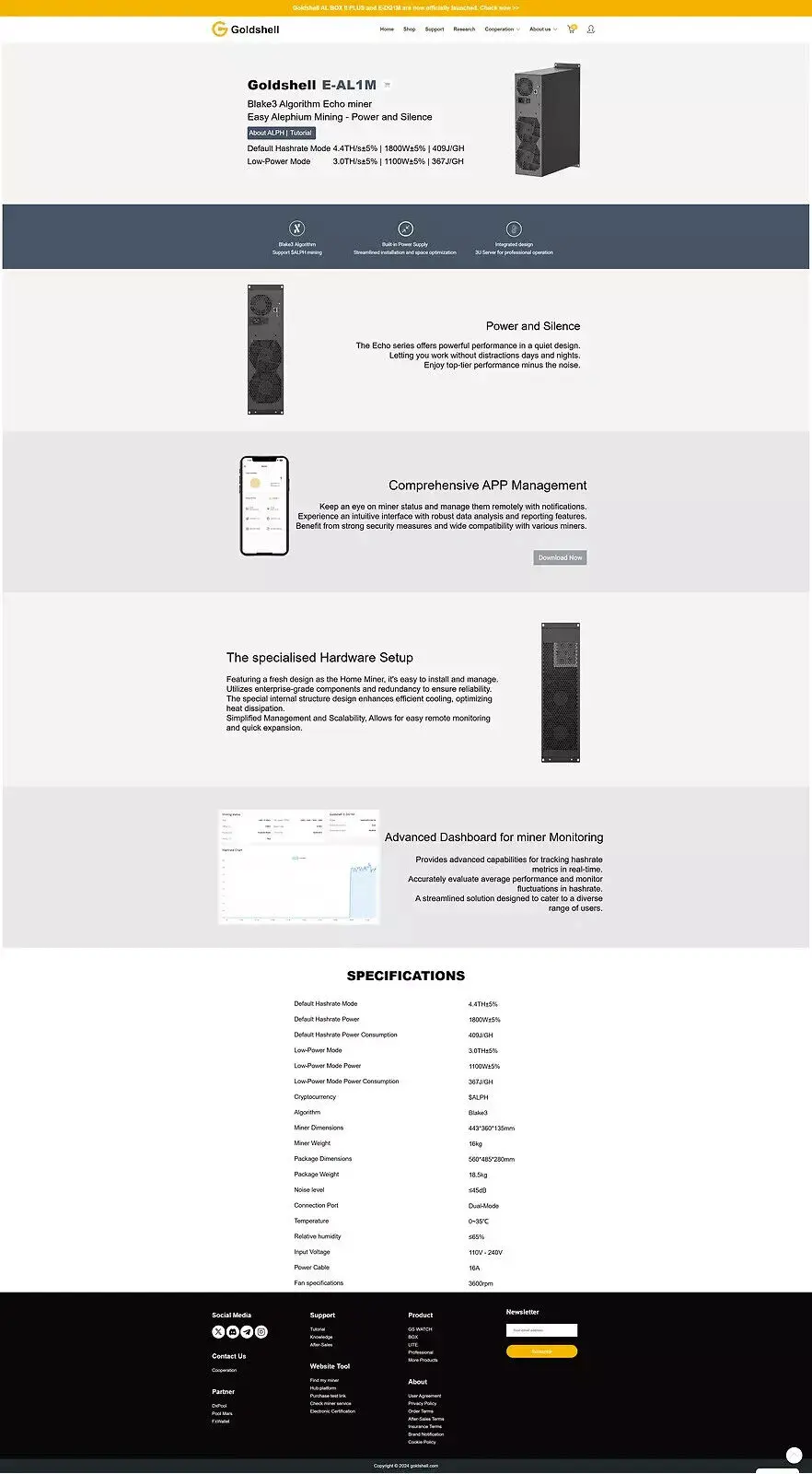اشتري 2 واحصل على 1 مجانًا ALPH Miner - جديد Goldshell E-AL1M 4.4TH/s 1800W ALPH Miner AL1M Blake3 Algorithm مزود طاقة مدمج،