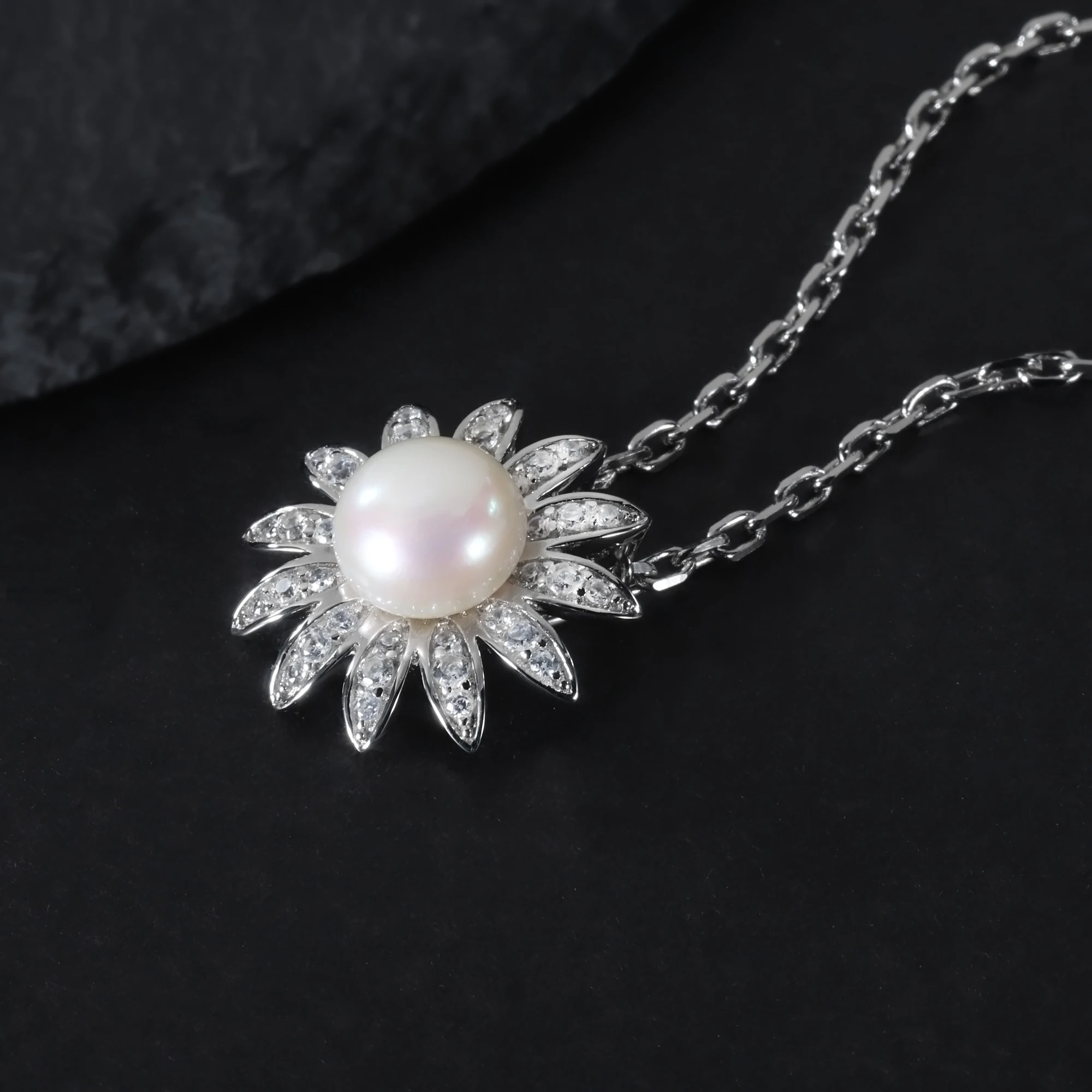 GEM'S BALLET Pearl Necklace 6.3TCW White Nautral Fresh-water Pearl Pendant Necklace in 925 Sterling Silver Gift For Her