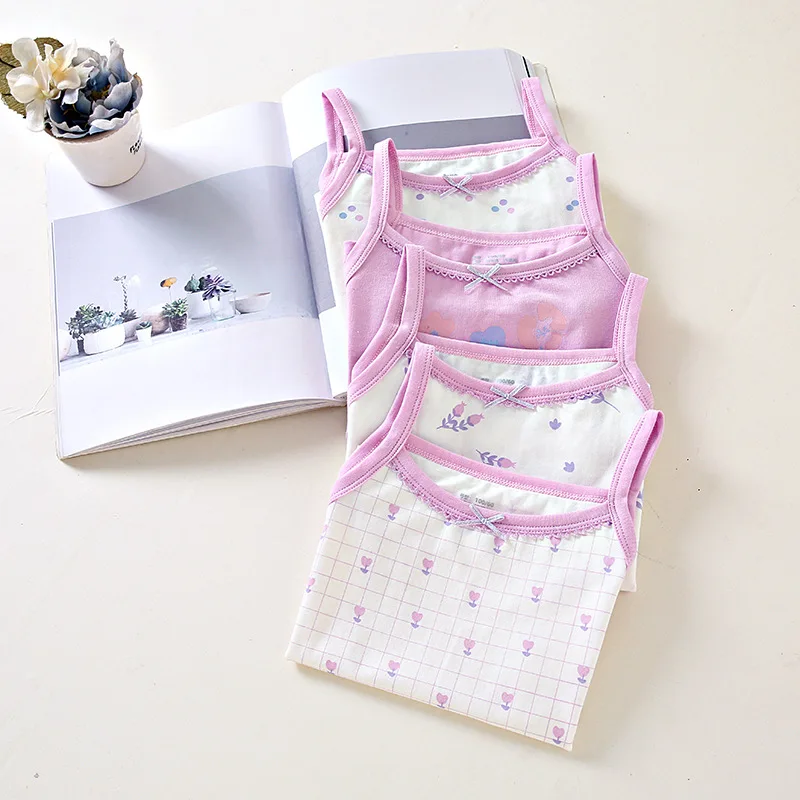 Girls Floral Cotton Fitted Tank Tops Multi-color Spaghetti Strap Singlet 4-Pack Underwear Shirt for Children Size 100-150
