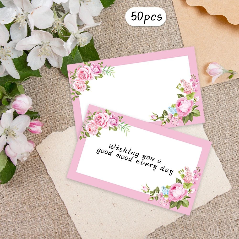 50 pezzi, biglietti per messaggi vuoti floreali rosa, biglietti tascabili, biglietti da visita, biglietti d'auguri vuoti, forniture per piccole imprese, etichette regalo