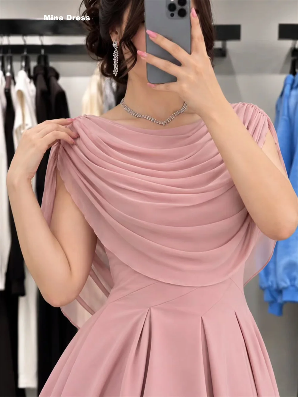 Mina Customized Bean Paste Pink Smock Collar Smocked Mesh Design Women's Wedding Party Attire Soft Shoulder Covering Prom Dress