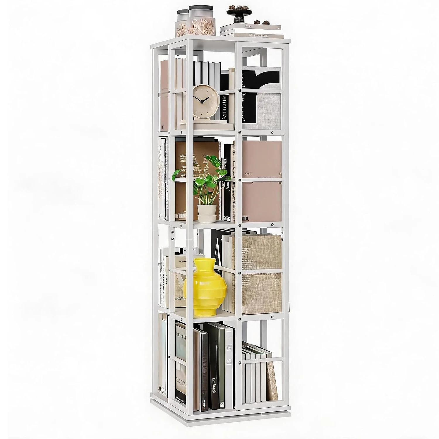 Libreria Rotante a 4 Ripiani Salvaspazio con Rotazione a 360 ° Libreria girevole con ripiani ampi, scaffale angolare ad alta capacità per l’ufficio, la casa, il soggiorno e la camera da letto.