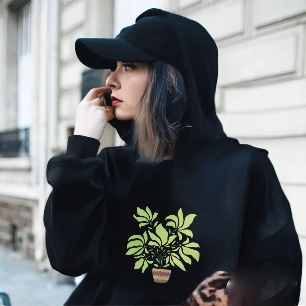 Hoodie Streetwea Clothing Soft Loose Comfort Casual Black Hooded Top Featuring Artistic Potted Plant Graphics Trendy Outfit