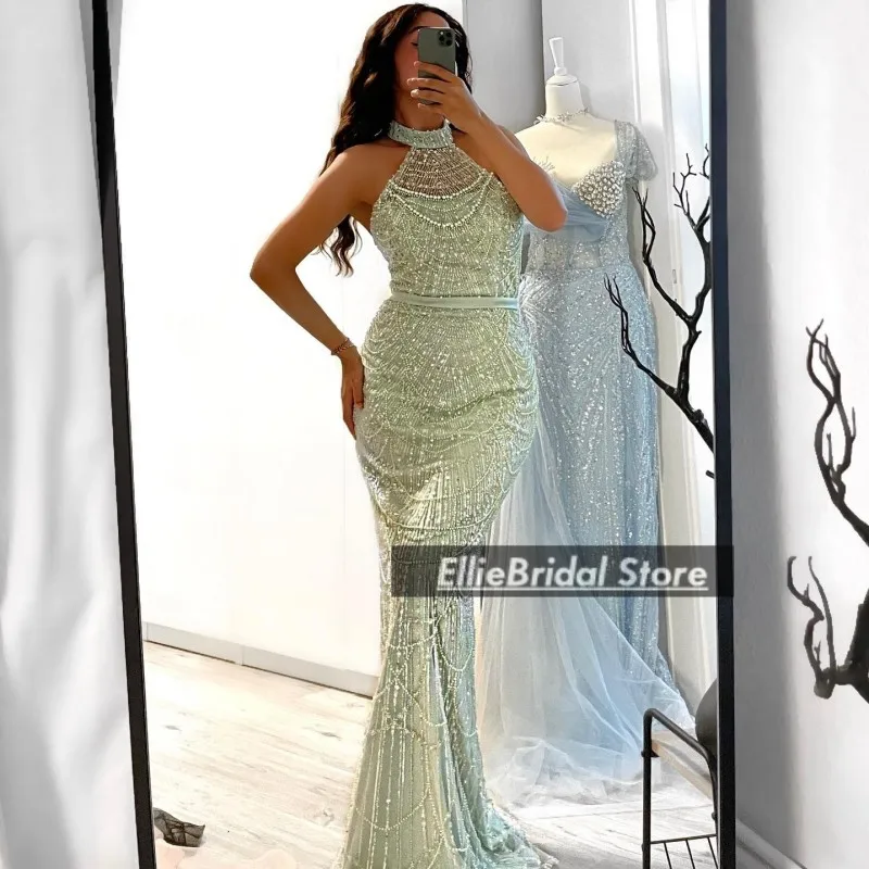 Hortelã verde vestidos de noite com luvas pérolas requintado lantejoulas sereia vestido de festa de casamento sexy halter vestidos de baile personalizados