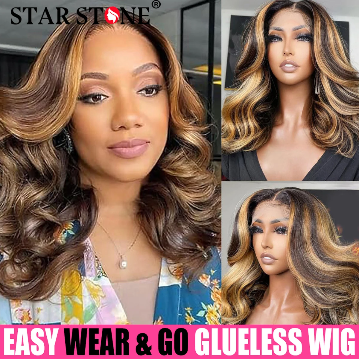 

Body Wave Highlight Glueless Wigs Human Hair Ready To Wear 6X4 HD Lace Closure Honey Blonde Short Bob Brazilian Human Curly Wigs